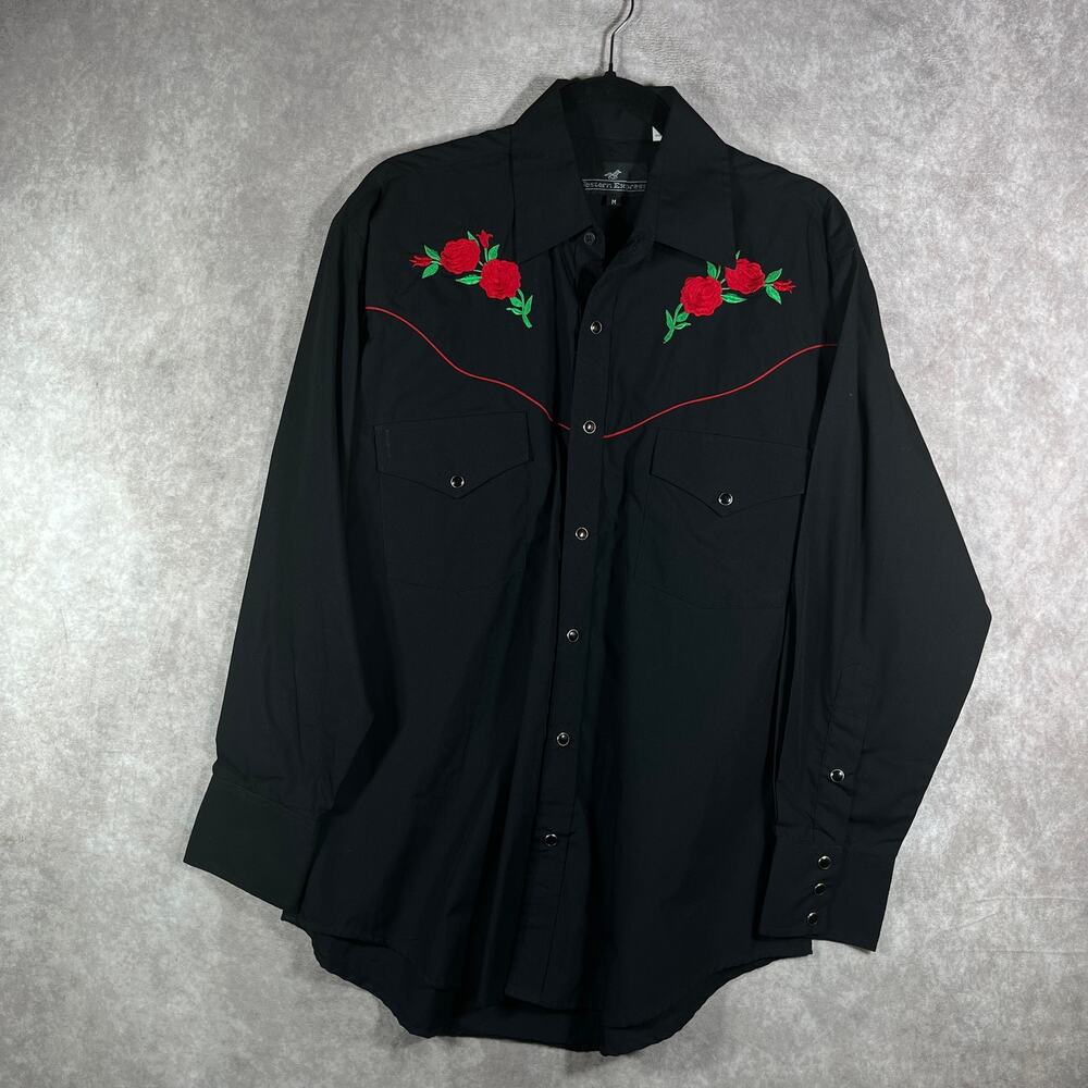 Western‎ Express Shirt Mens Medium Black Embroidered Floral Pearl Snap Cowboy